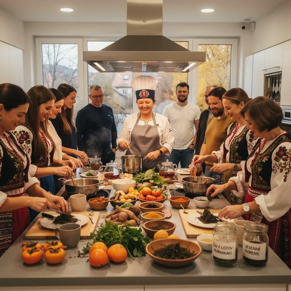Japonský čajový rituál s čajom z listov persimónu a tradičnými doplnkami.