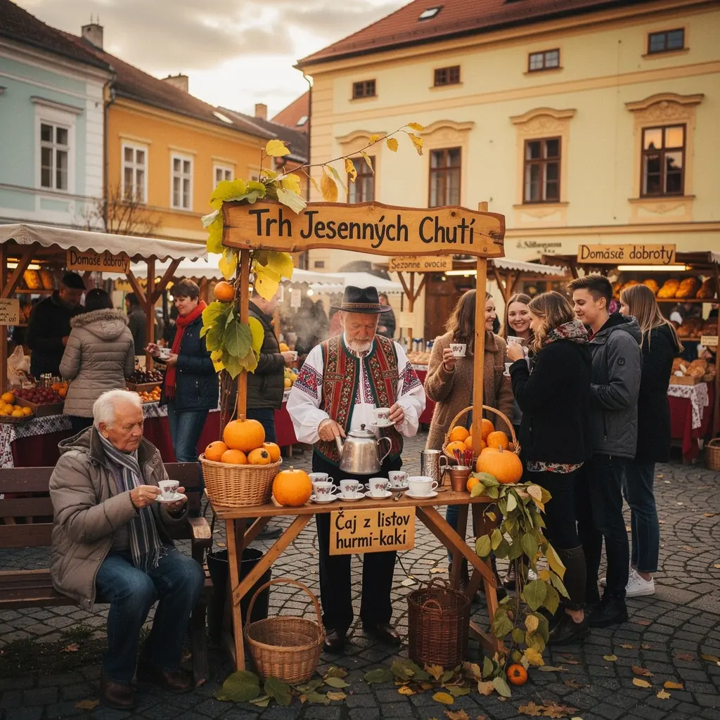 Japonský čaj z persimonových listov podávaný s kúsok sušeného ovocia.